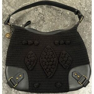 The Sak‎ Pink Label Crochet Leather Shoulder Bag Zip Pockets Black NWOT